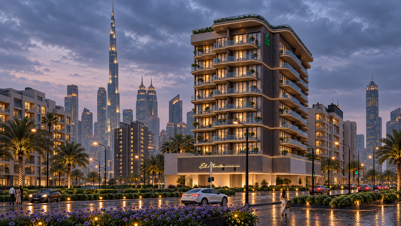 Emerald Residences on a calm, rain-washed evening in Dubai